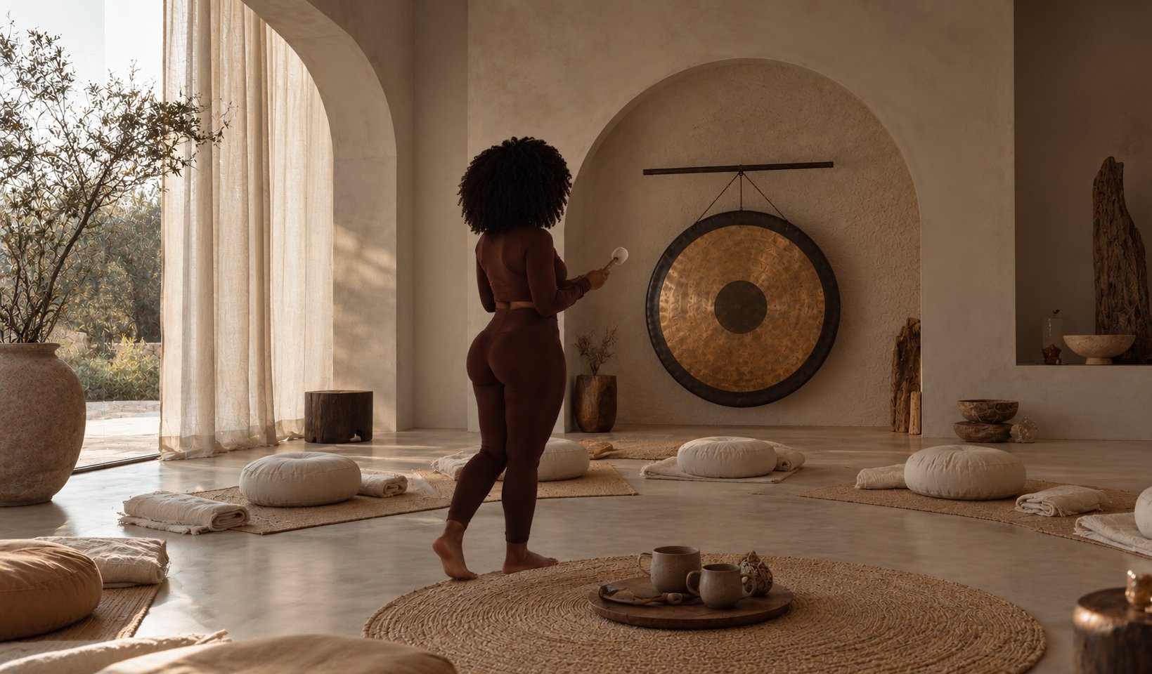 Sylvie, pieds nus, s'apprête à jouer du gong dans un studio lumineux