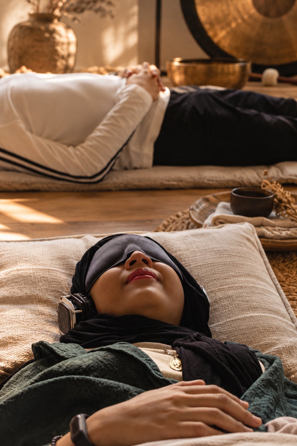Participantes allongées sur des coussins pendant un bain sonore, gong et bol tibétain en fond